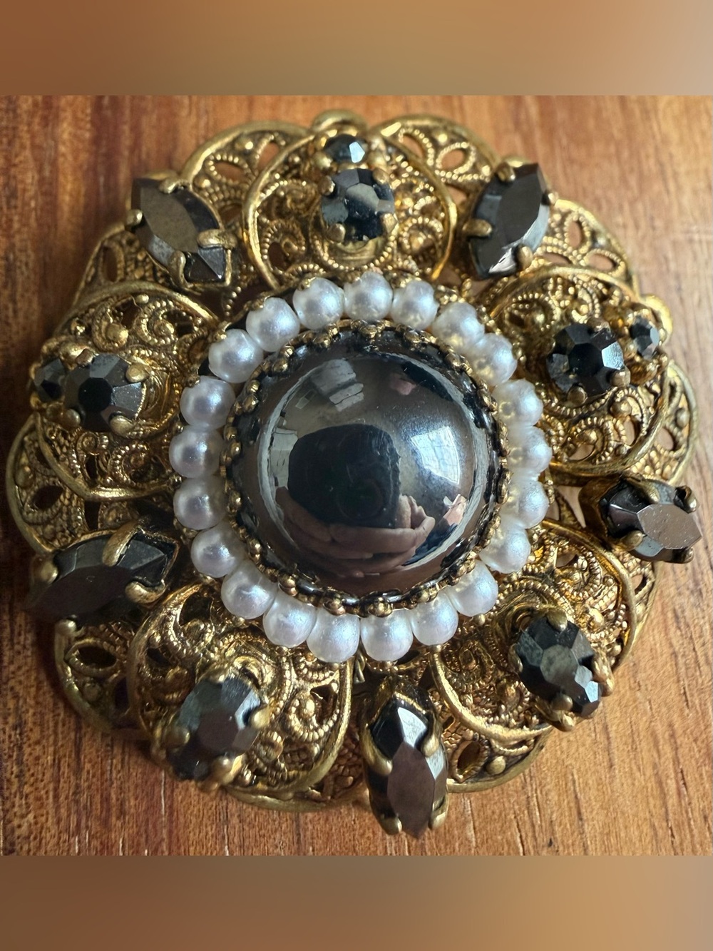 Vintage Germany Gold Tone Filigree Brooch Black Hematite Stone Pearl Rhinestone